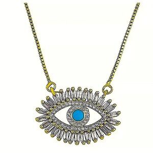 NEW Turquoise‎ Simulated Diamond Evil Eye Necklace, 18k YG Filled, 18-20”